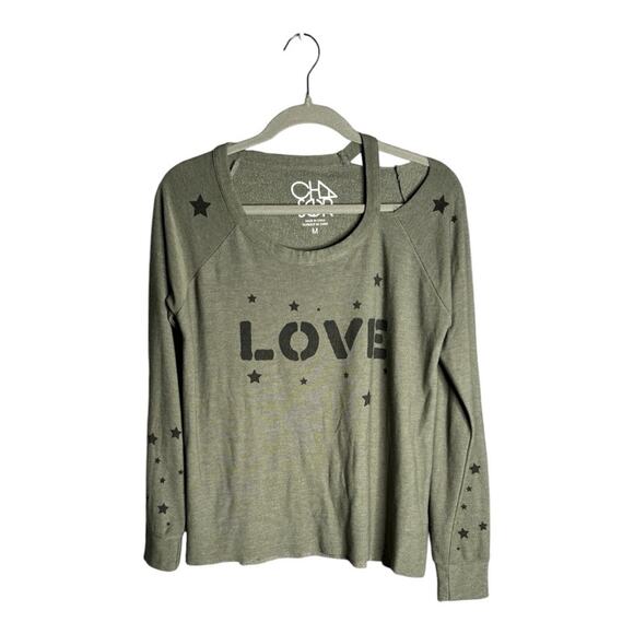 Chaser Olive Green Sweatshirt with “Love” On Front Shoulder Cutout Size Medium - Picture 1 of 8